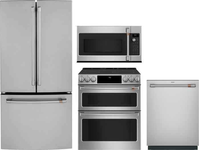 Cafe 4 Piece Kitchen Appliances Package with French Door Refrigerator, Electric Range, Dishwasher and Over the Range Microwave in Stainless Steel CAFR