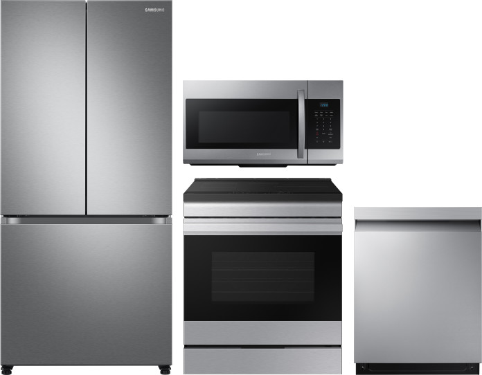 Samsung 4 Piece Kitchen Appliances Package with French Door Refrigerator, Induction Range, Dishwasher and Over the Range Microwave in Stainless Steel