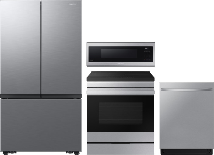 Samsung 4 Piece Kitchen Appliances Package with French Door Refrigerator, Induction Range, Dishwasher and Over the Range Microwave in Stainless Look S