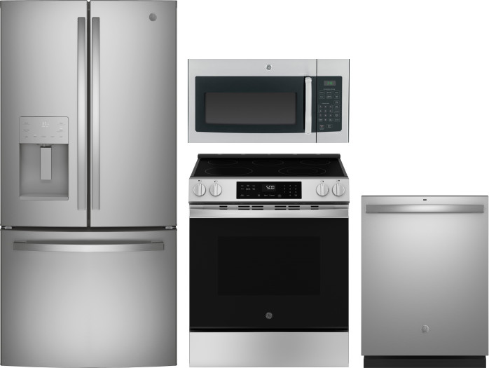 GE 4 Piece Kitchen Appliances Package with French Door Refrigerator, Electric Range, Dishwasher and Over the Range Microwave in Stainless Steel GERERA