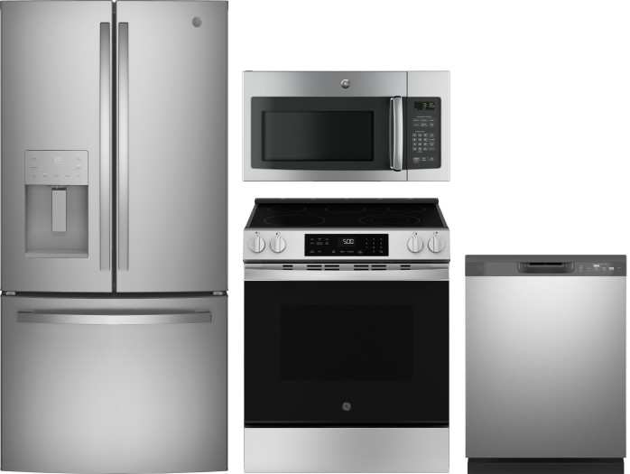 GE 4 Piece Kitchen Appliances Package with French Door Refrigerator, Electric Range, Dishwasher and Over the Range Microwave in Stainless Steel GERERA