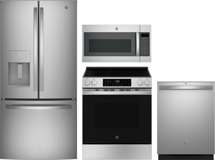 GE 4 Piece Kitchen Appliances Package with French Door Refrigerator, Electric Range, Dishwasher and Over the Range Microwave in Stainless Steel GERERA