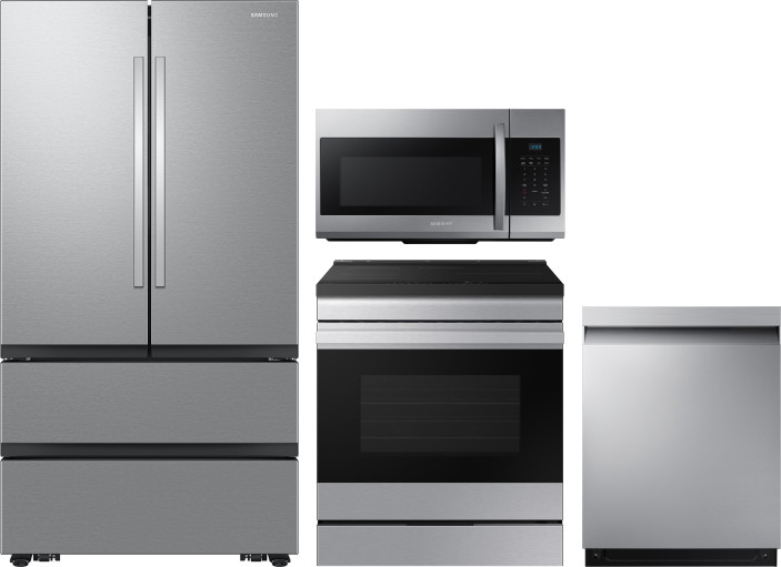 Samsung 4 Piece Kitchen Appliances Package with French Door Refrigerator, Induction Range, Dishwasher and Over the Range Microwave in Stainless Steel