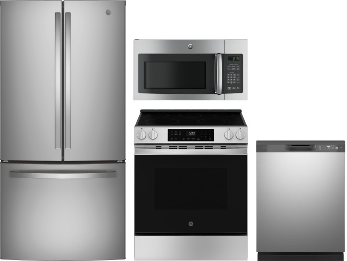 GE 4 Piece Kitchen Appliances Package with French Door Refrigerator, Electric Range, Dishwasher and Over the Range Microwave in Stainless Steel GERERA