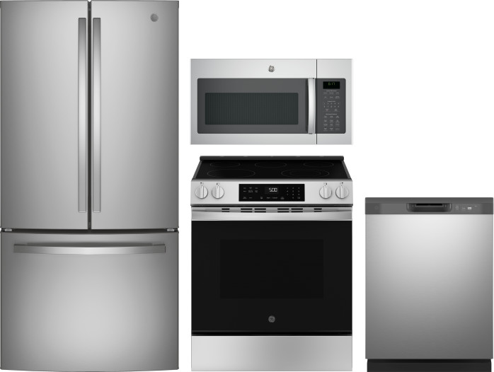 GE 4 Piece Kitchen Appliances Package with French Door Refrigerator, Electric Range, Dishwasher and Over the Range Microwave in Stainless Steel GERERA