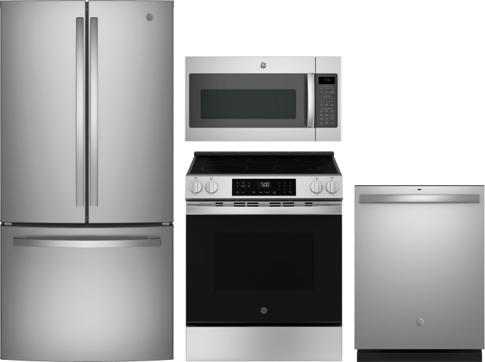 GE 4 Piece Kitchen Appliances Package with French Door Refrigerator, Electric Range, Dishwasher and Over the Range Microwave in Stainless Steel GERERA