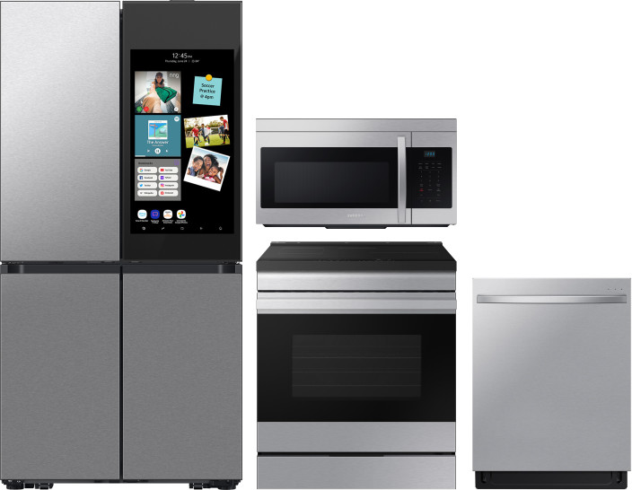 Samsung 4 Piece Kitchen Appliances Package with French Door Refrigerator, Induction Range, Dishwasher and Over the Range Microwave in Fingerprint Resi