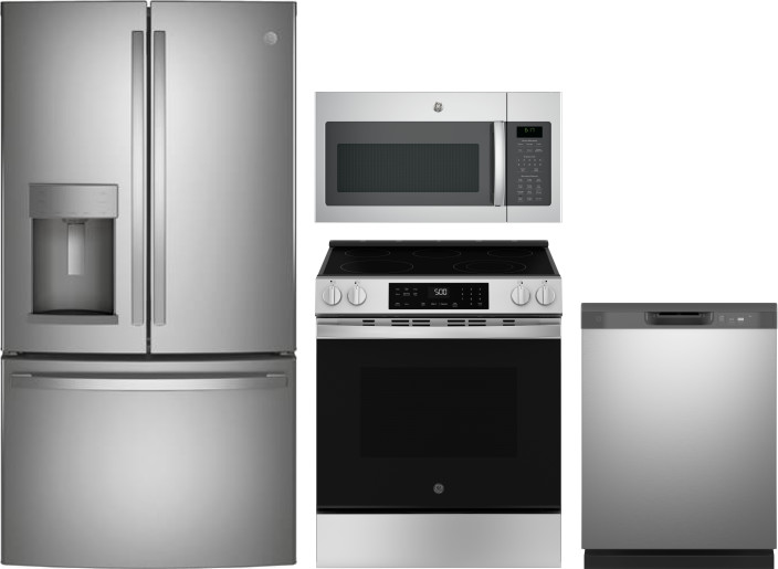 GE 4 Piece Kitchen Appliances Package with French Door Refrigerator, Electric Range, Dishwasher and Over the Range Microwave in Stainless Steel GERERA