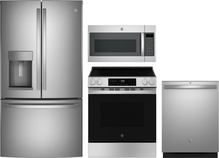 GE 4 Piece Kitchen Appliances Package with French Door Refrigerator, Electric Range, Dishwasher and Over the Range Microwave in Stainless Steel GERERA