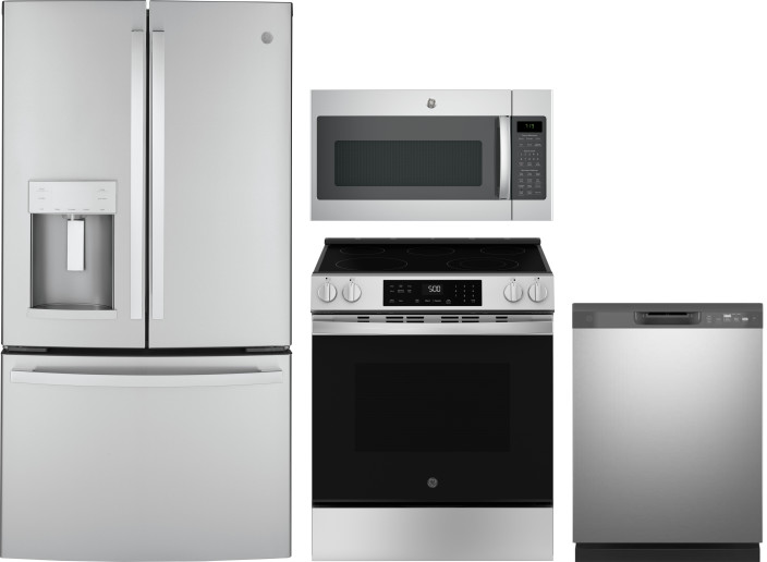 GE 4 Piece Kitchen Appliances Package with French Door Refrigerator, Electric Range, Dishwasher and Over the Range Microwave in Stainless Steel GERERA
