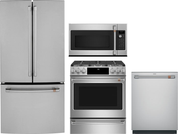 Cafe 4 Piece Kitchen Appliances Package with French Door Refrigerator, Gas Range, Dishwasher and Over the Range Microwave in Stainless Steel CAFRERADW