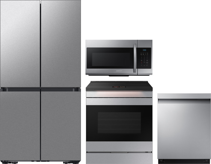 Samsung 4 Piece Kitchen Appliances Package with French Door Refrigerator, Induction Range, Dishwasher and Over the Range Microwave in Fingerprint Resi