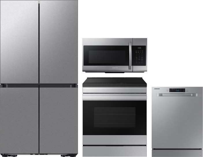 Samsung 4 Piece Kitchen Appliances Package with French Door Refrigerator, Induction Range, Dishwasher and Over the Range Microwave in Fingerprint Resi