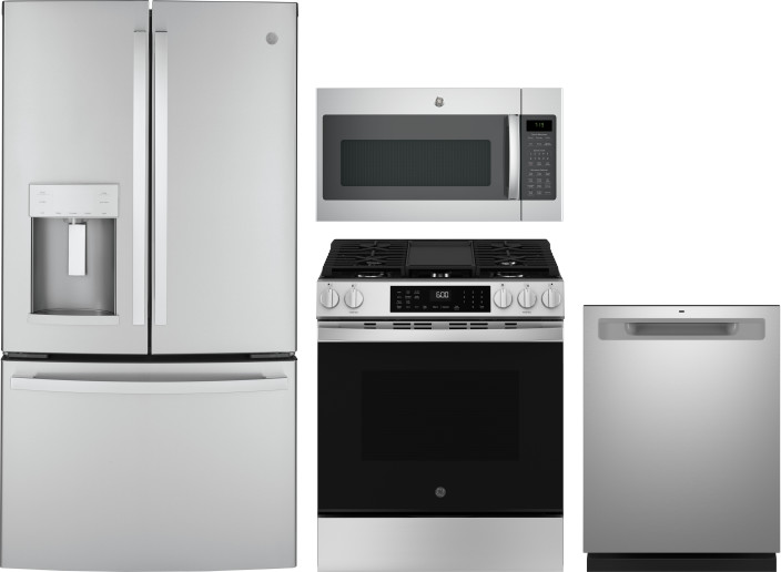 GE 4 Piece Kitchen Appliances Package with French Door Refrigerator, Gas Range, Dishwasher and Over the Range Microwave in Stainless Steel GERERADWMW1