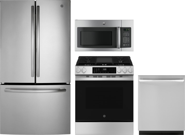 GE 4 Piece Kitchen Appliances Package with French Door Refrigerator, Gas Range, Dishwasher and Over the Range Microwave in Stainless Steel GERERADWMW1