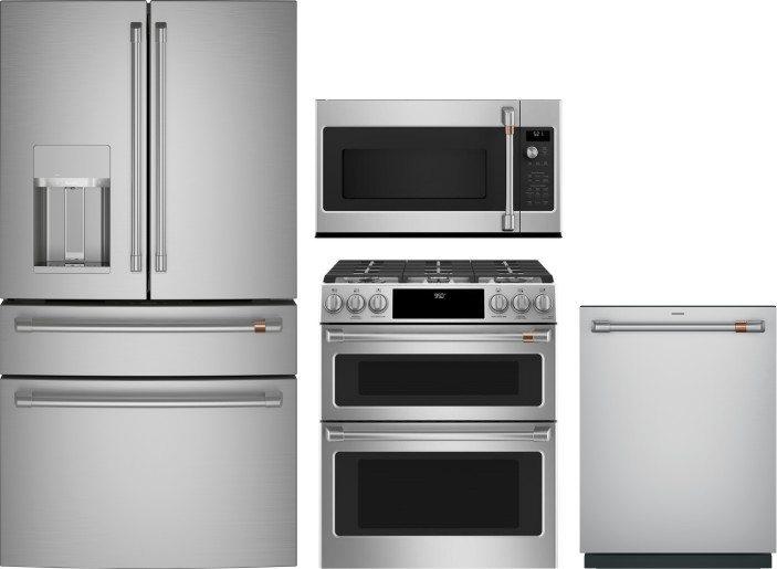 Cafe 4 Piece Kitchen Appliances Package with French Door Refrigerator, Dual Fuel Range, Dishwasher and Over the Range Microwave in Stainless Steel CAF