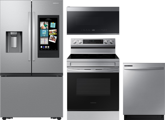 Samsung 4 Piece Kitchen Appliances Package with French Door Refrigerator, Electric Range, Dishwasher and Over the Range Microwave in Fingerprint Resis