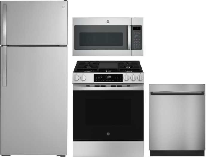 GE 4 Piece Kitchen Appliances Package with Top Freezer Refrigerator, Gas Range, Dishwasher and Over the Range Microwave in Stainless Steel GERERADWMW1