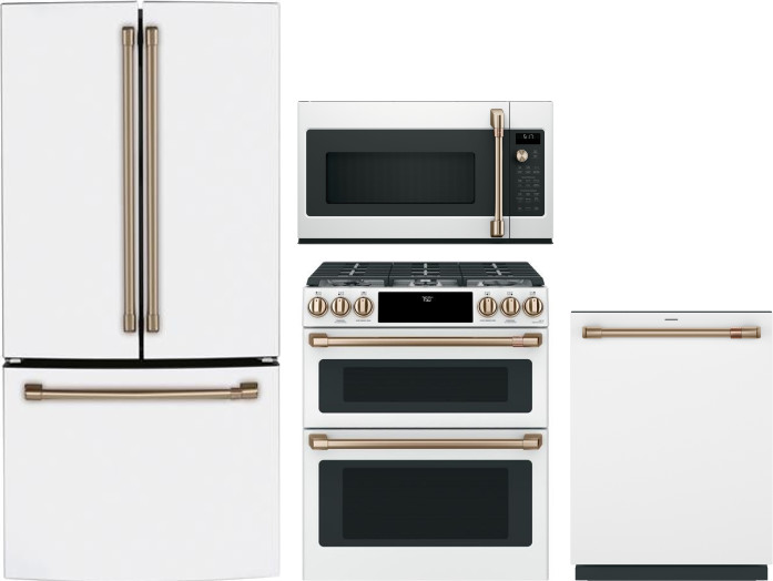 Cafe 4 Piece Kitchen Appliances Package with French Door Refrigerator, Gas Range, Dishwasher and Over the Range Microwave in Matte White CAFRERADWMW93
