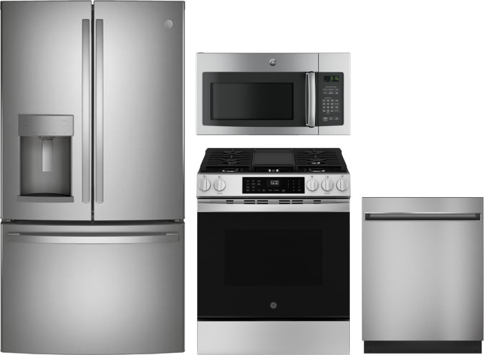GE 4 Piece Kitchen Appliances Package with French Door Refrigerator, Gas Range, Dishwasher and Over the Range Microwave in Stainless Steel GERERADWMW1