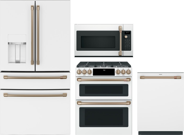 Cafe 4 Piece Kitchen Appliances Package with French Door Refrigerator, Gas Range, Dishwasher and Over the Range Microwave in Matte White CAFRERADWMW93