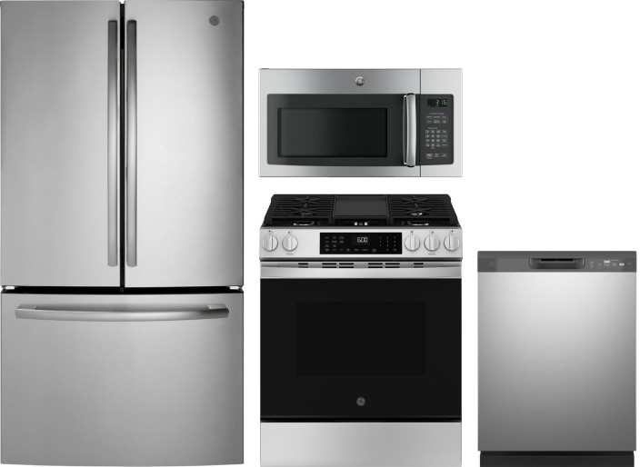 GE 4 Piece Kitchen Appliances Package with French Door Refrigerator, Gas Range, Dishwasher and Over the Range Microwave in Stainless Steel GERERADWMW1