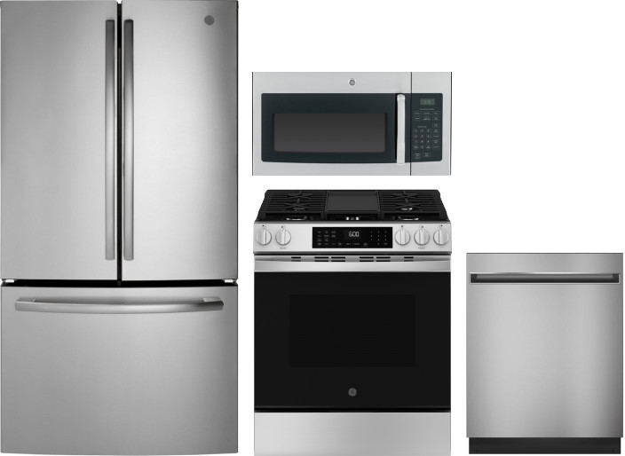 GE 4 Piece Kitchen Appliances Package with French Door Refrigerator, Gas Range, Dishwasher and Over the Range Microwave in Stainless Steel GERERADWMW1
