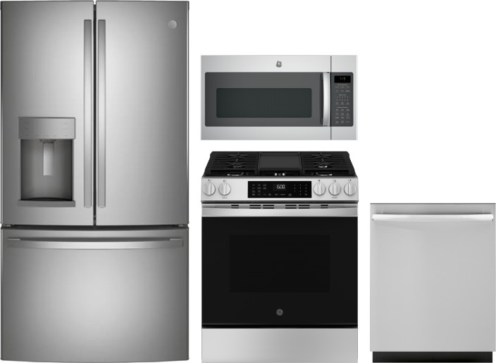 GE 4 Piece Kitchen Appliances Package with French Door Refrigerator, Gas Range, Dishwasher and Over the Range Microwave in Stainless Steel GERERADWMW1