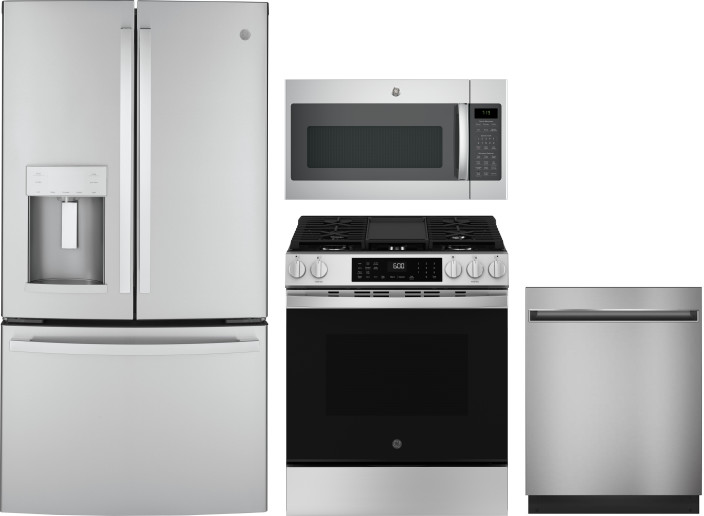 GE 4 Piece Kitchen Appliances Package with French Door Refrigerator, Gas Range, Dishwasher and Over the Range Microwave in Stainless Steel GERERADWMW1