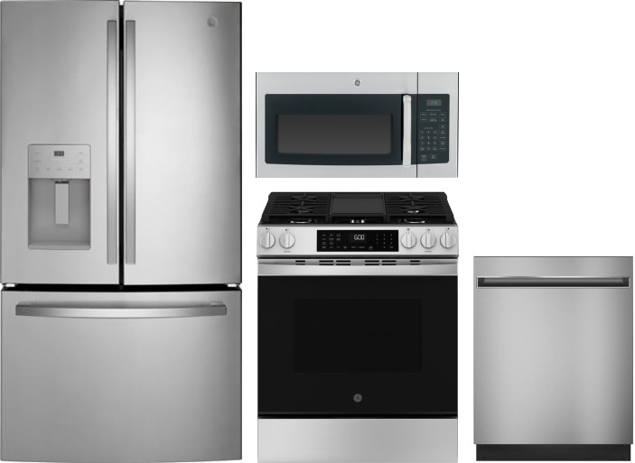 GE 4 Piece Kitchen Appliances Package with French Door Refrigerator, Gas Range, Dishwasher and Over the Range Microwave in Fingerprint Resistant Stain