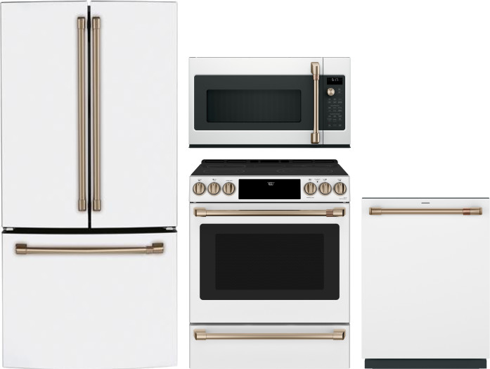 Cafe 4 Piece Kitchen Appliances Package with French Door Refrigerator, Electric Range, Dishwasher and Over the Range Microwave in Matte White CAFRERAD