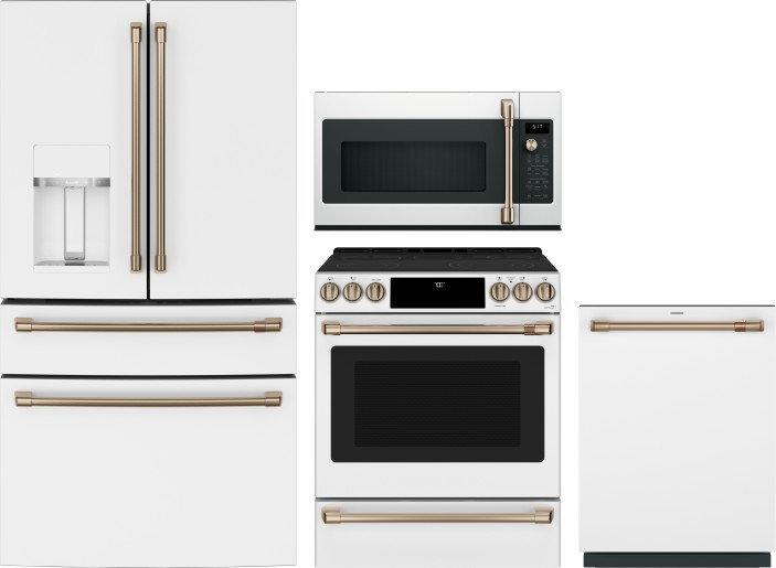 Cafe 4 Piece Kitchen Appliances Package with French Door Refrigerator, Electric Range, Dishwasher and Over the Range Microwave in Matte White CAFRERAD