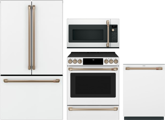 Cafe 4 Piece Kitchen Appliances Package with French Door Refrigerator, Electric Range, Dishwasher and Over the Range Microwave in Matte White CAFRERAD