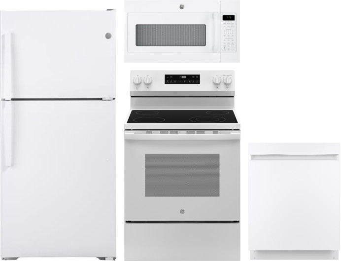 GE 4 Piece Kitchen Appliances Package with Top Freezer Refrigerator, Electric Range, Dishwasher and Over the Range Microwave in White GERERADWMW104184