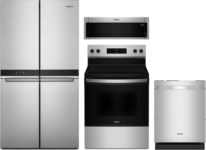 Whirlpool 4 Piece Kitchen Appliances Package with French Door Refrigerator, Electric Range, Dishwasher and Over the Range Microwave in Fingerprint Res