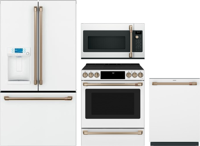 Cafe 4 Piece Kitchen Appliances Package with French Door Refrigerator, Electric Range, Dishwasher and Over the Range Microwave in Matte White CAFRERAD