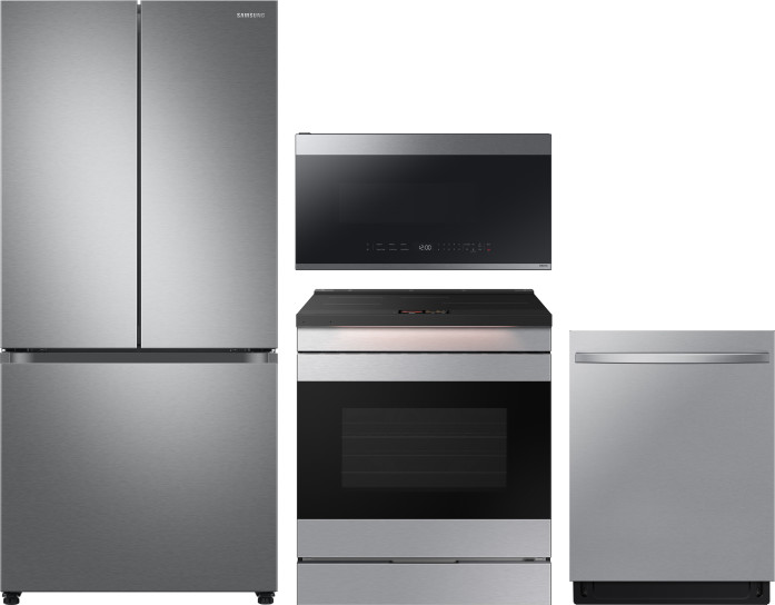 Samsung 4 Piece Kitchen Appliances Package with French Door Refrigerator, Induction Range, Dishwasher and Over the Range Microwave in Fingerprint Resi