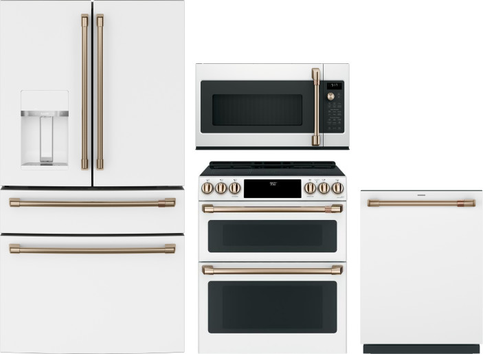 Cafe 4 Piece Kitchen Appliances Package with French Door Refrigerator, Induction Range, Dishwasher and Over the Range Microwave in Matte White CAFRERA