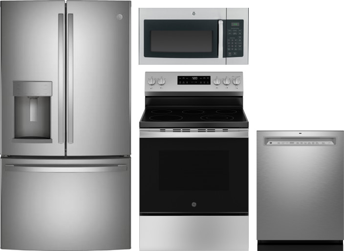 GE 4 Piece Kitchen Appliances Package with French Door Refrigerator, Electric Range, Dishwasher and Over the Range Microwave in Stainless Steel GERERA