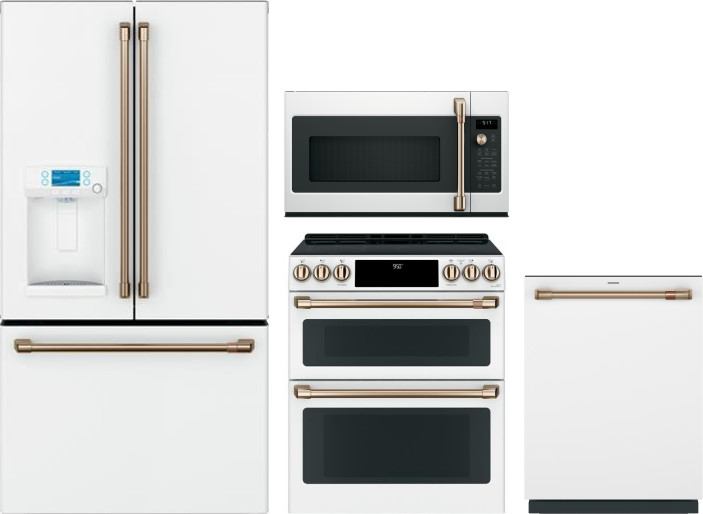 Cafe 4 Piece Kitchen Appliances Package with French Door Refrigerator, Induction Range, Dishwasher and Over the Range Microwave in Matte White CAFRERA