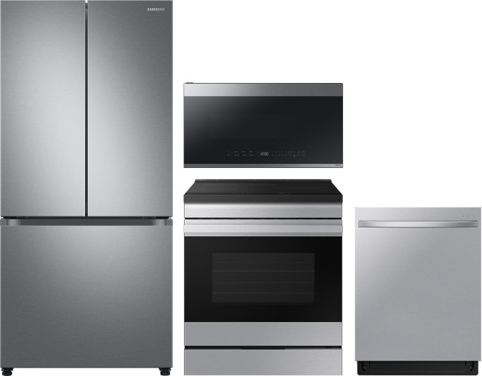 Samsung 4 Piece Kitchen Appliances Package with French Door Refrigerator, Induction Range, Dishwasher and Over the Range Microwave in Fingerprint Resi