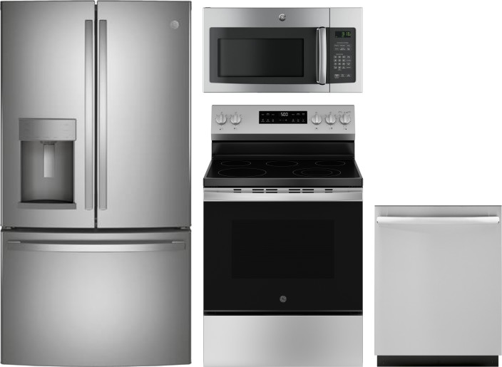 GE 4 Piece Kitchen Appliances Package with French Door Refrigerator, Electric Range, Dishwasher and Over the Range Microwave in Stainless Steel GERERA