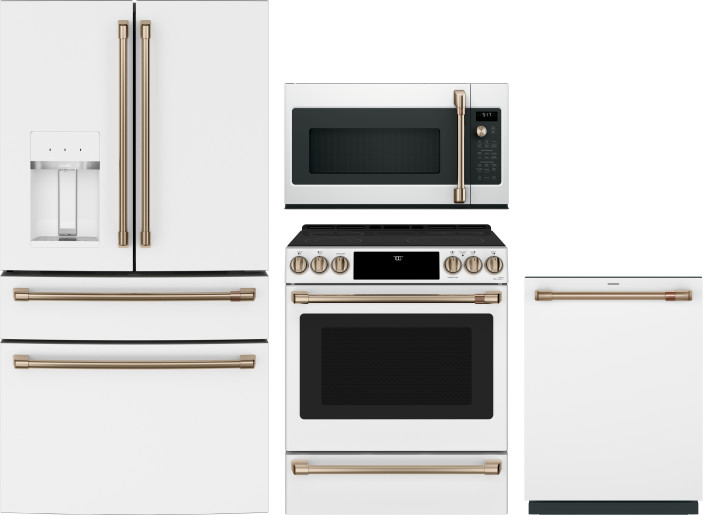 Cafe 4 Piece Kitchen Appliances Package with French Door Refrigerator, Electric Range, Dishwasher and Over the Range Microwave in Matte White CAFRERAD