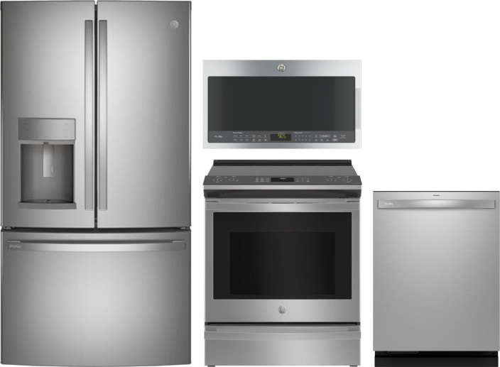 GE Profile 4 Piece Kitchen Appliances Package with French Door Refrigerator, Electric Range, Dishwasher and Over the Range Microwave in Stainless Stee