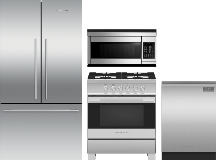 Fisher & Paykel 4 Piece Kitchen Appliances Package with French Door Refrigerator, Gas Range, Dishwasher and Over the Range Microwave in Stainless Stee