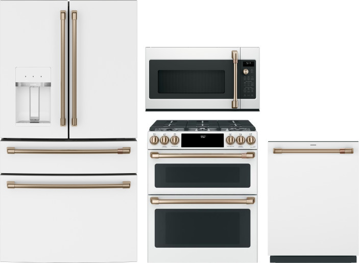 Cafe 4 Piece Kitchen Appliances Package with French Door Refrigerator, Dual Fuel Range, Dishwasher and Over the Range Microwave in Matte White CAFRERA