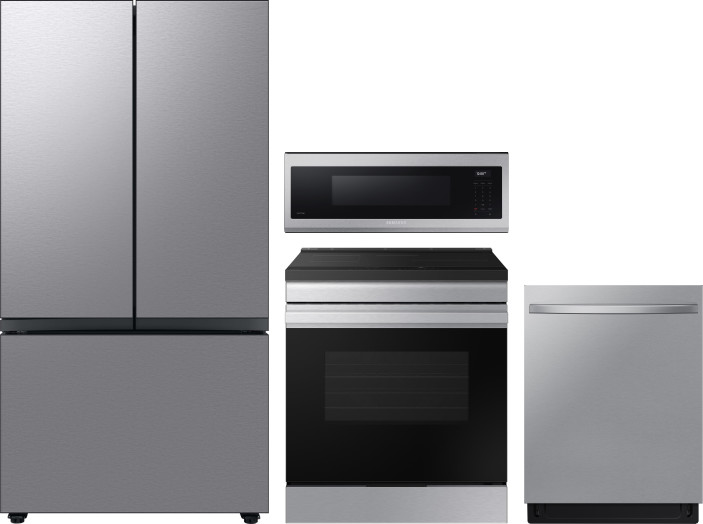 Samsung 4 Piece Kitchen Appliances Package with French Door Refrigerator, Induction Range, Dishwasher and Over the Range Microwave in Stainless Steel