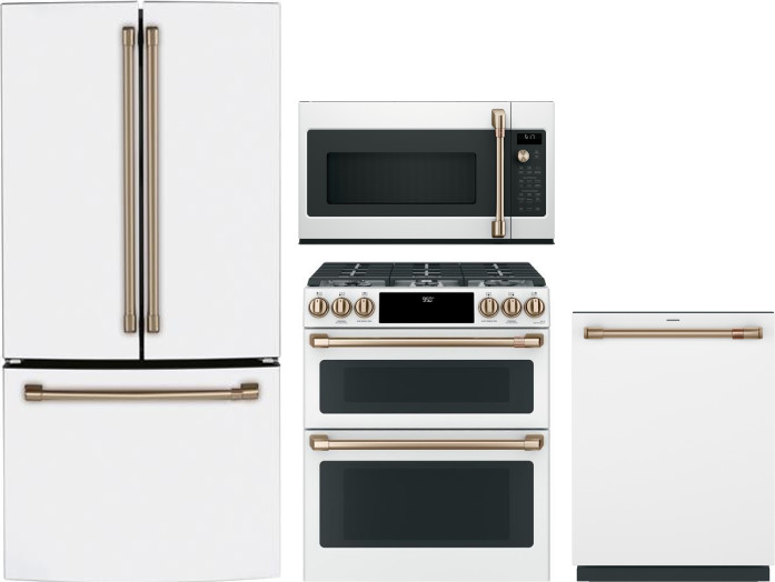 Cafe 4 Piece Kitchen Appliances Package with French Door Refrigerator, Dual Fuel Range, Dishwasher and Over the Range Microwave in Matte White CAFRERA