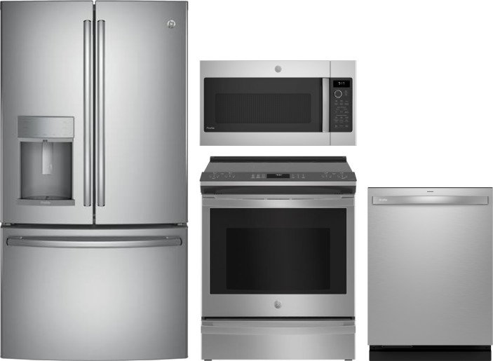 GE Profile 4 Piece Kitchen Appliances Package with French Door Refrigerator, Electric Range, Dishwasher and Over the Range Microwave in Stainless Stee