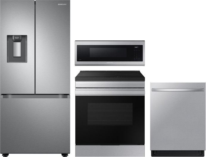Samsung 4 Piece Kitchen Appliances Package with French Door Refrigerator, Induction Range, Dishwasher and Over the Range Microwave in Stainless Steel